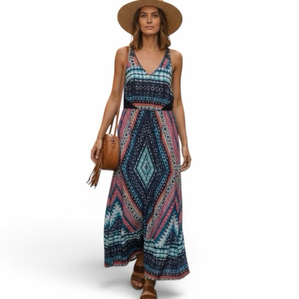 BeBop Boho Maxi Floral Dress Aztec print Crochet Back Sundress Womens Size Small